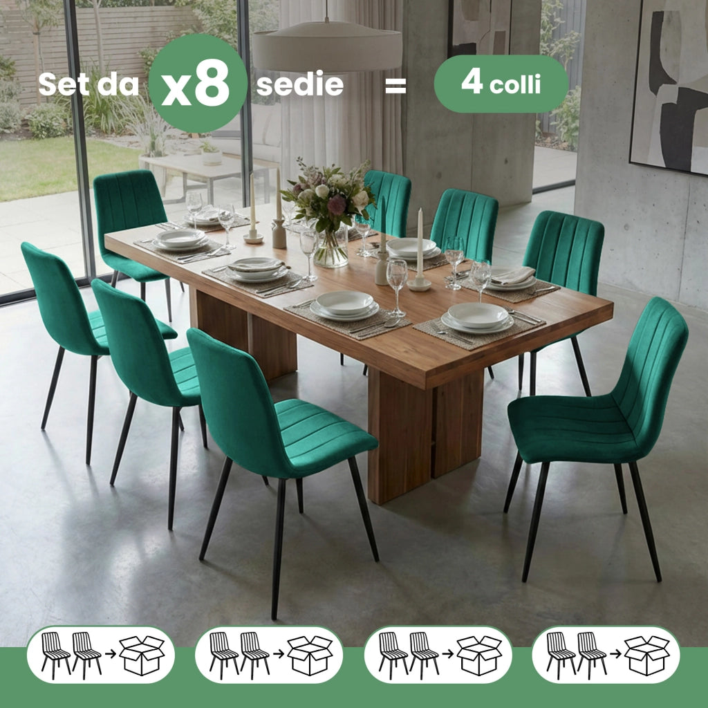 Set di 8 Sedie in velluto trapuntate LIVO Verde Bottiglia gambe nere