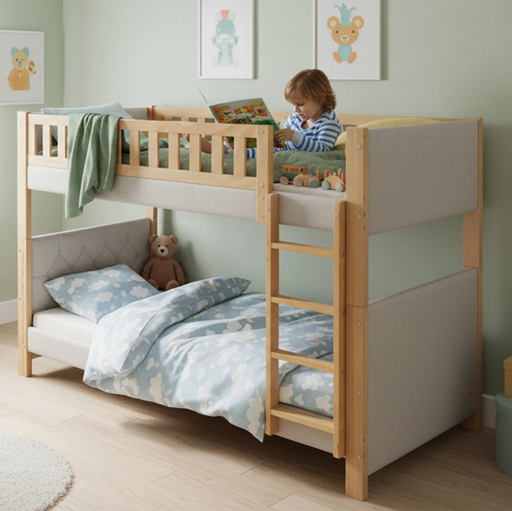 Letto a castello per bambini con scala diritta a 4 gradini e protezioni di sicurezza