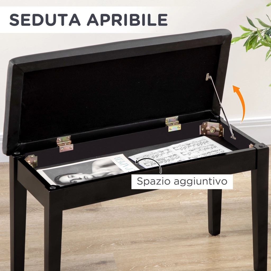Sgabello per Pianoforte con Vano Contenitore in Legno e Finta Pelle PU, 75x35x49cm, Nero