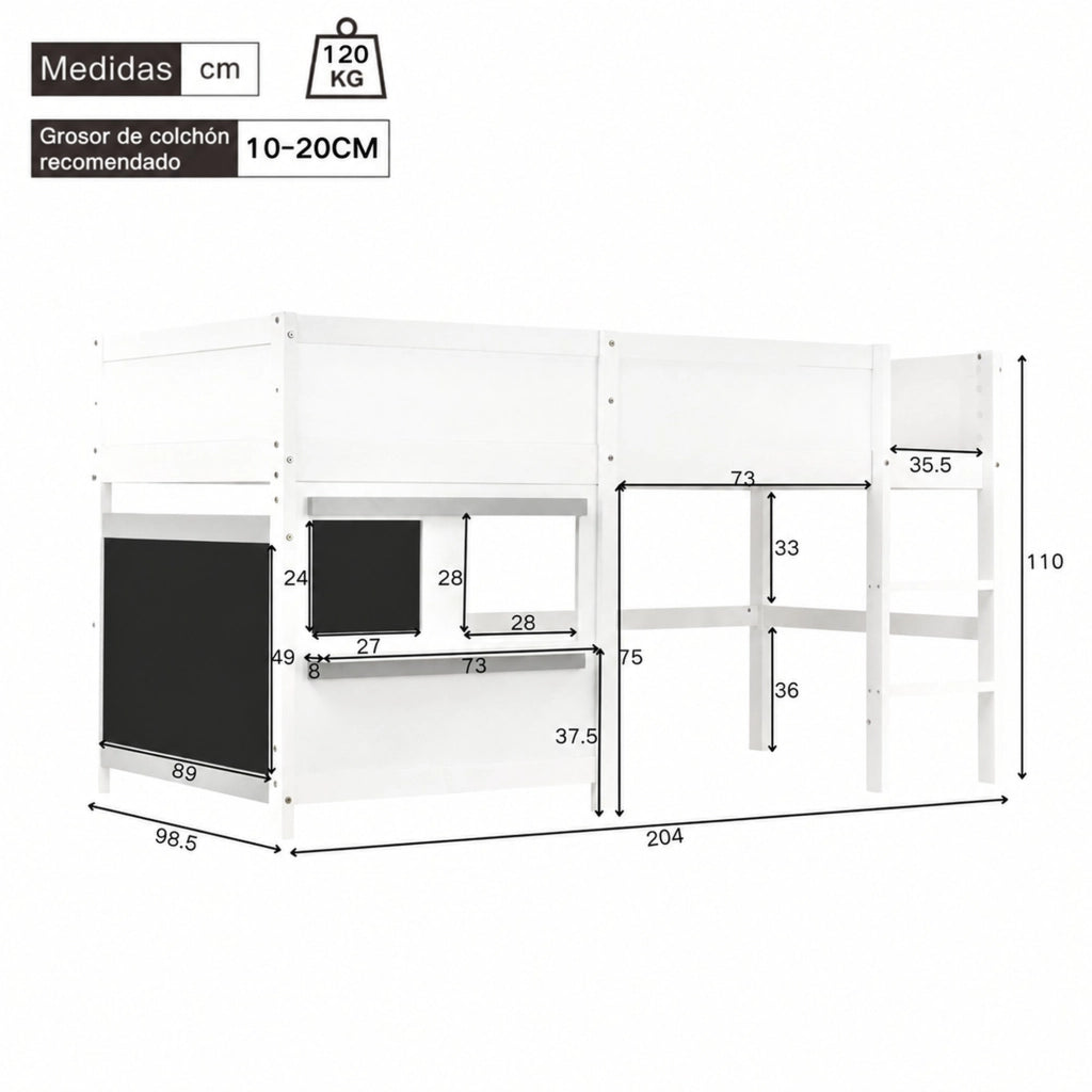 Letto a castello per bambini 90 × 200 cm in legno bianco con lavagne e scaletta a tre gradini