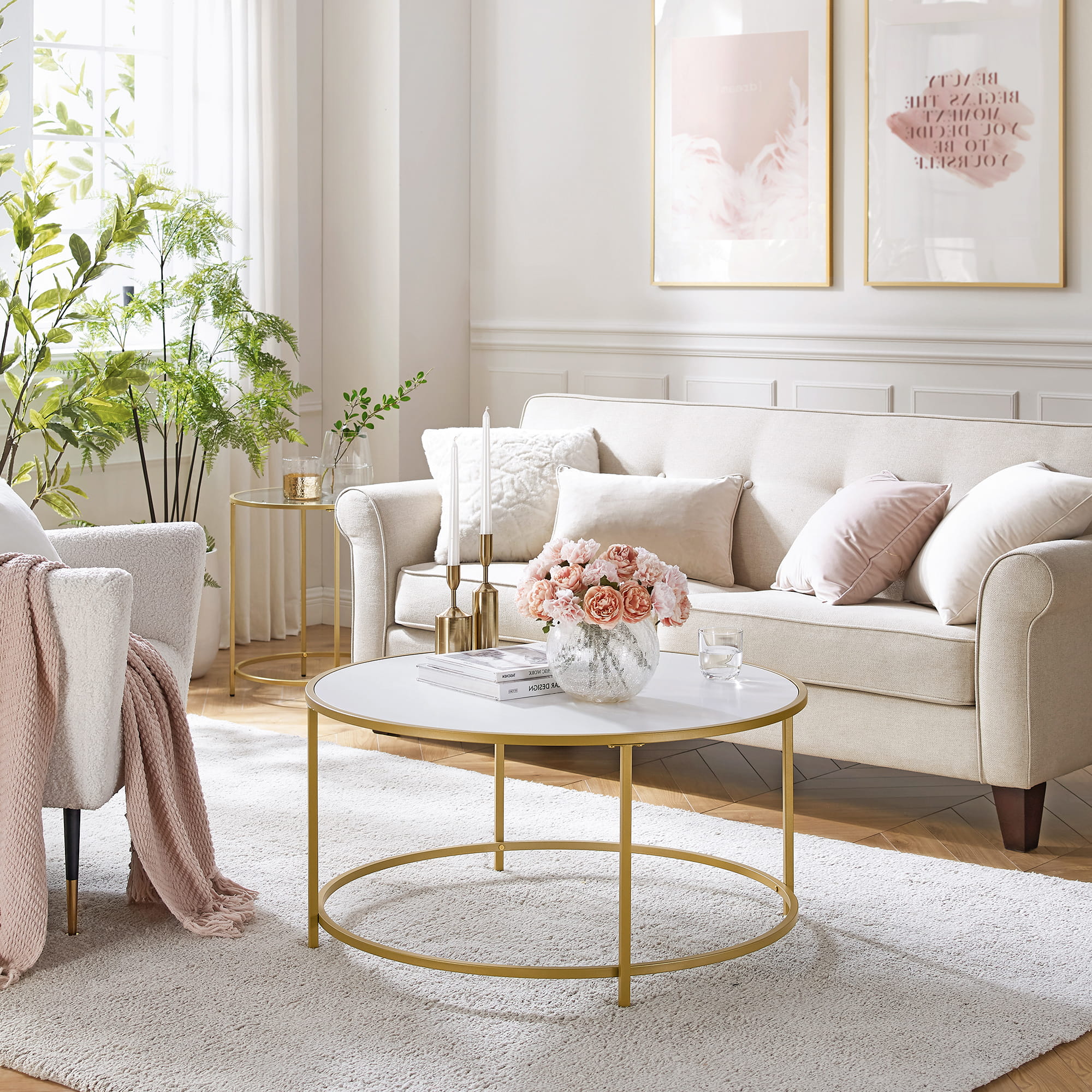 Tavolino rotondo Valora oro e bianco Ø84 cm stile loft