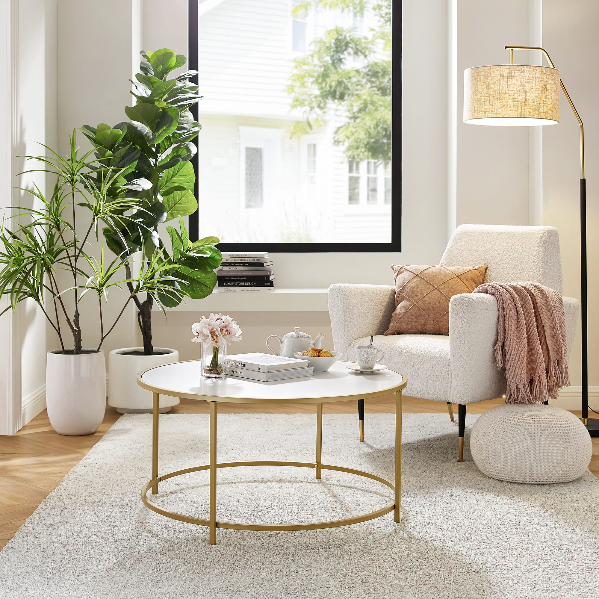 Tavolino rotondo Valora oro e bianco Ø84 cm stile loft