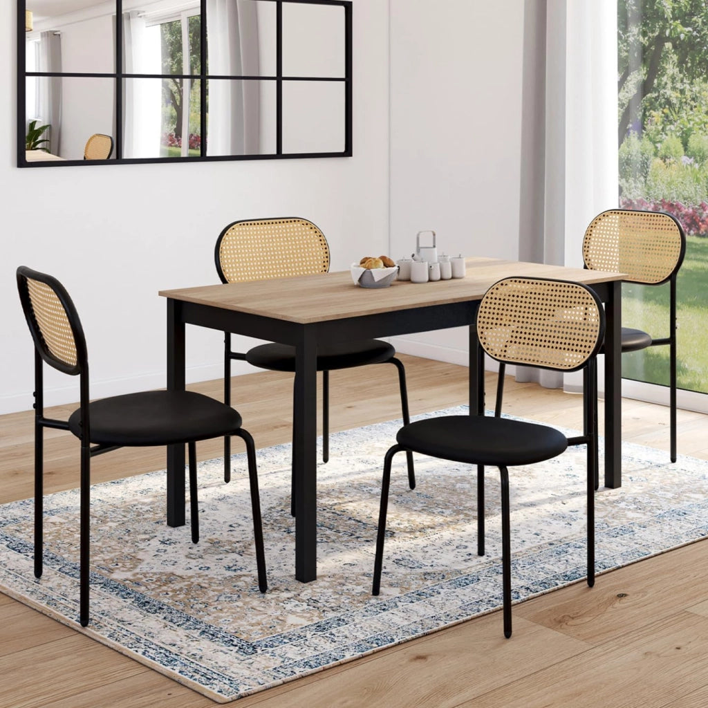 Set di 4 sedie da pranzo vintage CLOTILDE in metallo nero con schienale in canna