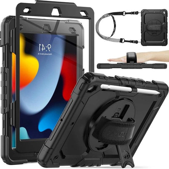 Porta matite - 360° rotazione manubrio - standard fissaggio - compatibile con iPad 9° 8° 7° generazione - 102 pollici cover con schermo per iPad 2021 2020 2019 - Nero