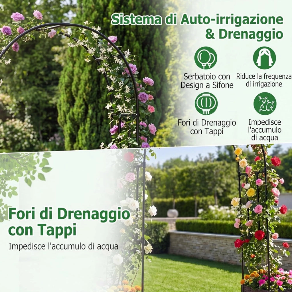 Arco per Piante Rampicanti da Giardino, Pergolato in Metallo con 2 Fioriere in PP e 4 Ruote Universali con Freni, Decorazione Esterno per Matrimonio e Festa, 203 x 40 x 230 cm