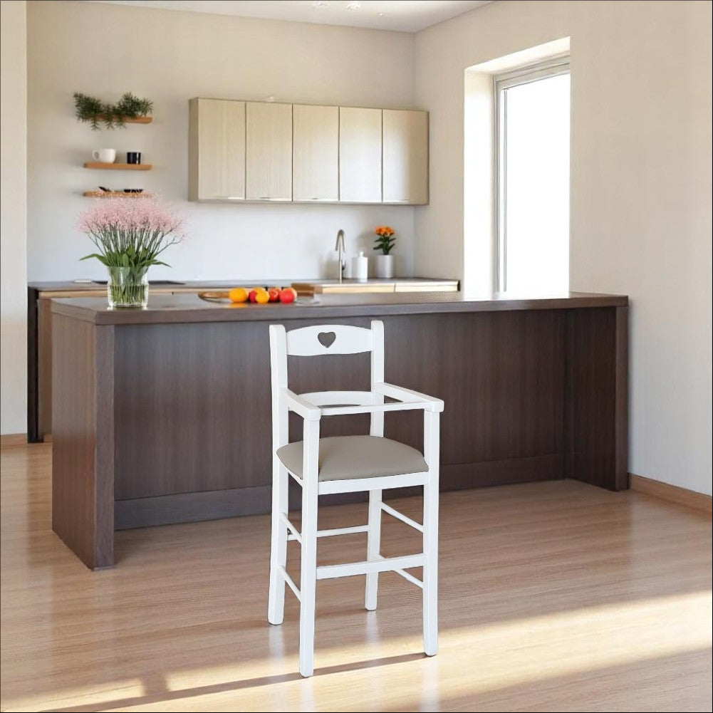 Seggiolone in legno bianco con seduta ecopelle tortora