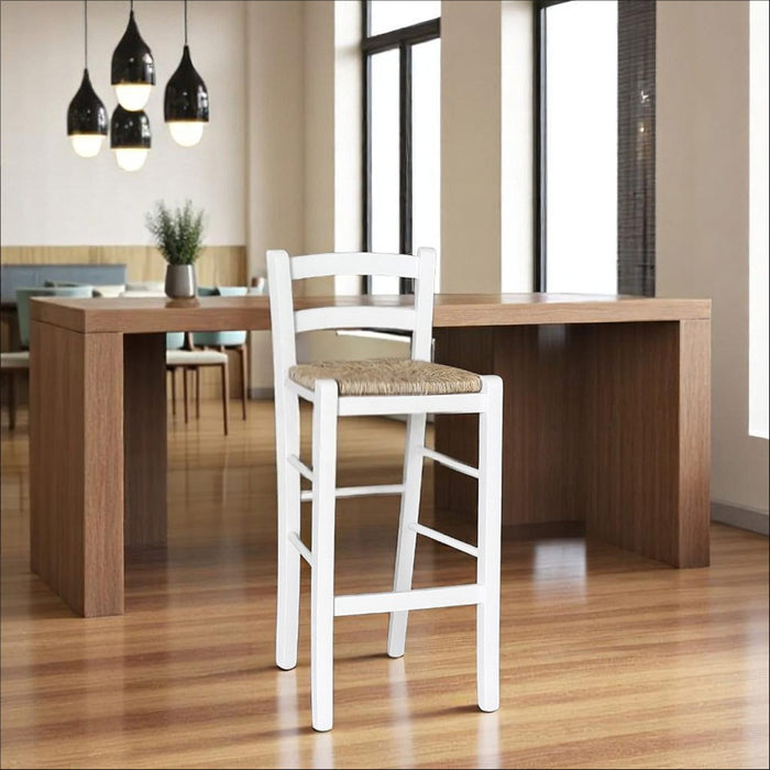 Sgabello alto 67 cm in legno di faggio italiano bianco con seduta in paglia