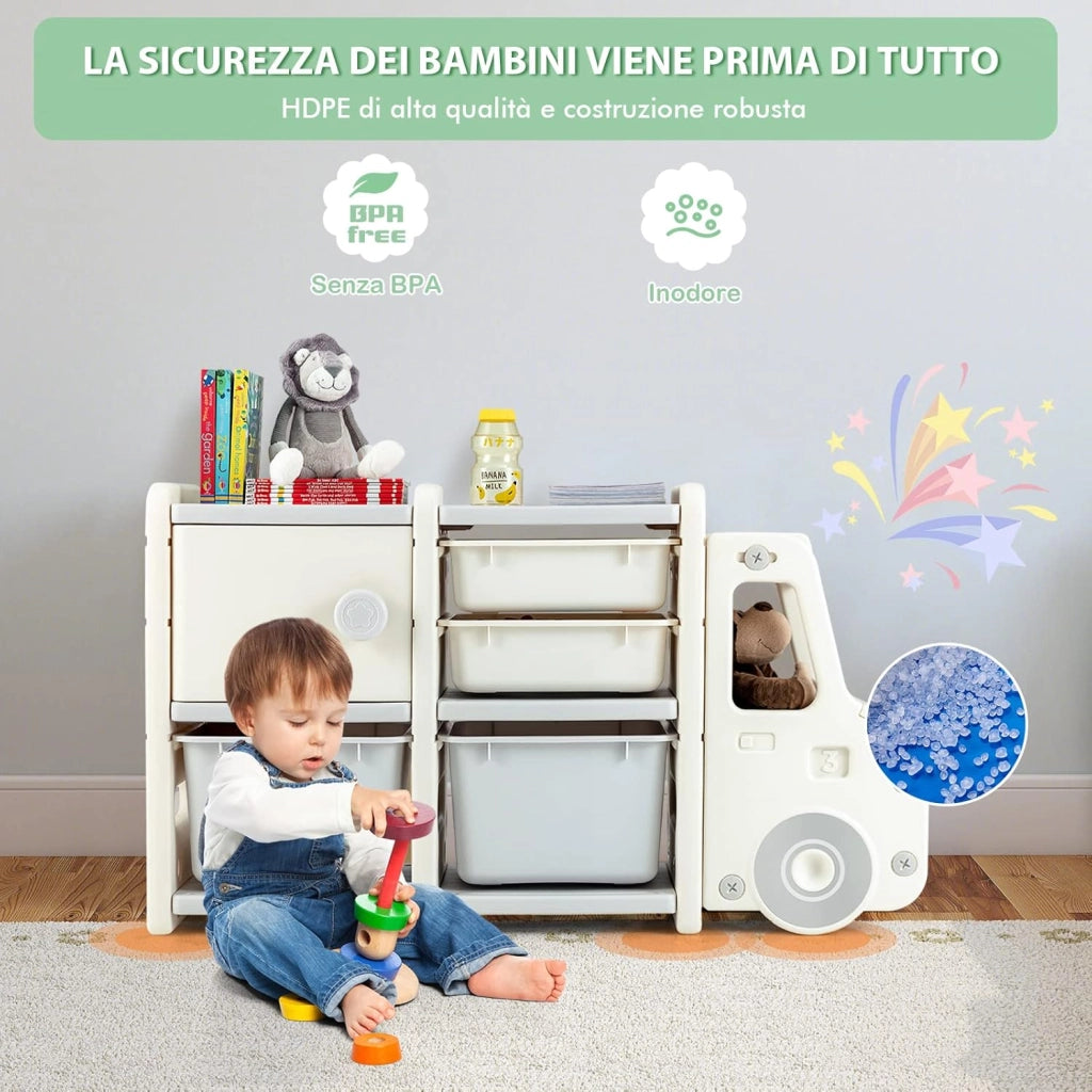Organizer per Giocattoli con Scatole per Bambini, Scaffale Multilivello a Forma di Camion, Scaffale per Giocattoli con 2 Livelli e 4 Scompartimenti per Bambini (Grigio)