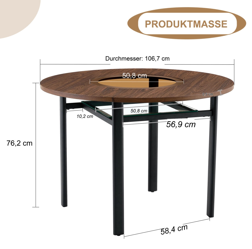 Tavolo da pranzo rotondo 100 cm marrone con inserto in vetro, 2-4 persone