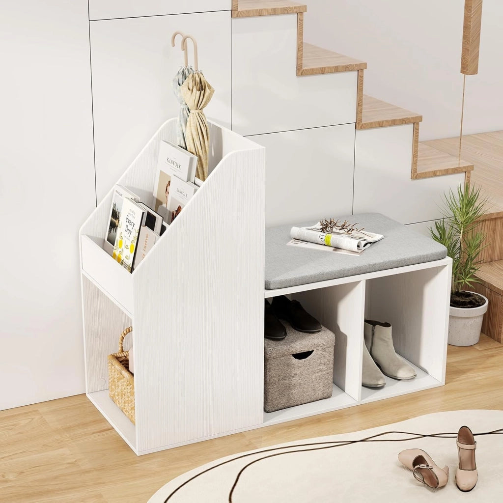 Panca Scarpiera con Cuscino Rimovibile e Scaffale 2 in 1, Scaffale Portaoggetti a 3 Cubi e 3 Ripiani per Libri, Panca per Scarpe da Ingresso e Soggiorno, 97 x 40 x 79 cm, Bianco