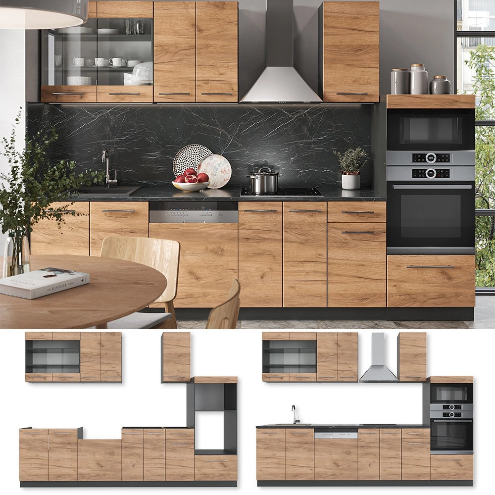 Cucina componibile Fame-Line Rovere dorato/Antracite 300 cm con armadio alto, PL Antracite Vicco