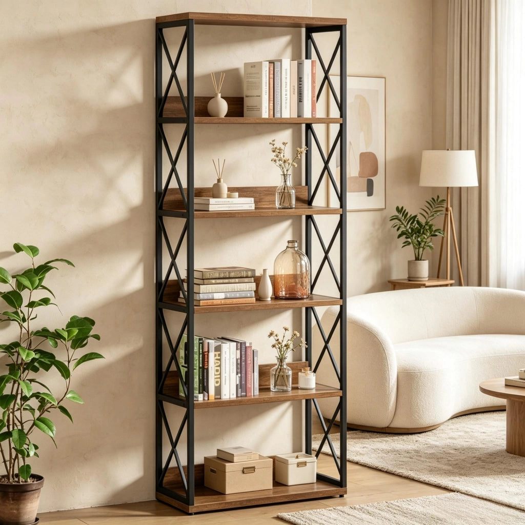 Scaffale portaoggetti a 5 ripiani aperti in metallo e legno nero e marrone