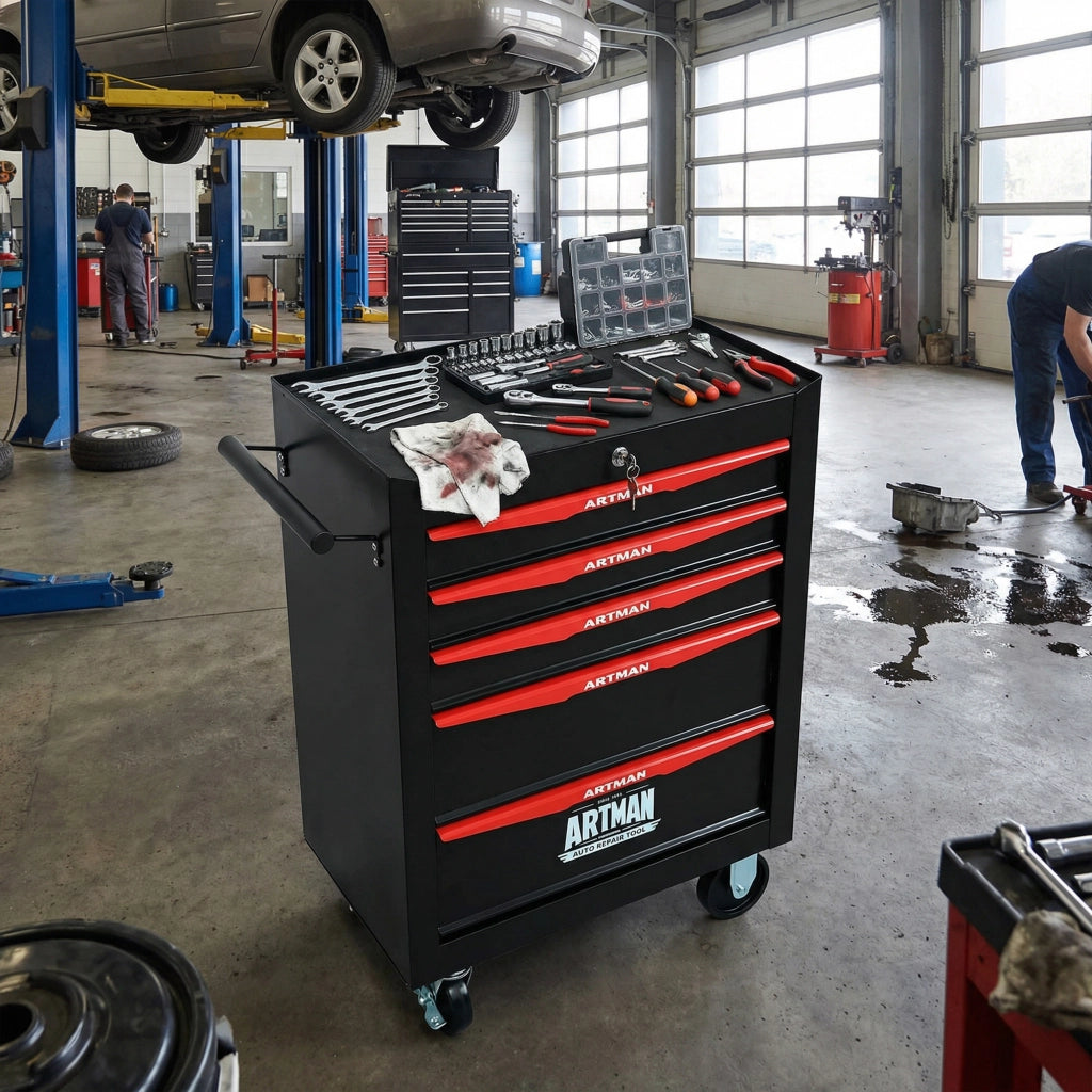 Mobile contenitore per attrezzi con 5 cassetti e ruote, chiudibile a chiave, per garage, in acciaio, nero rosso