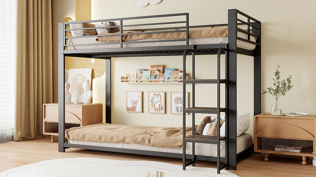 Letto a castello 90 × 200 cm con scale ampie e ripiano, per bambini e ragazzi, senza materasso, nero