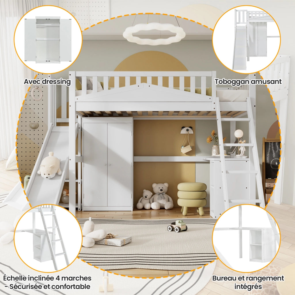 OKWISH Letto a Castello 90×200 cm, Letto Singolo con Scivolo, Scrivania, Armadio, Mensole e Scala, senza Materasso, Bianco