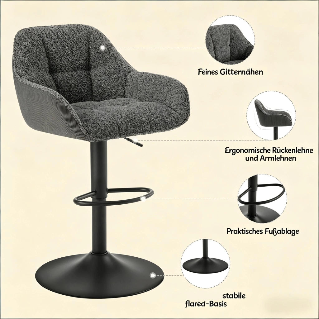 Sgabello da bar girevole regolabile in altezza set da 2 in chenille e velluto a coste grigio scuro 52 × (87-109) × 50 cm