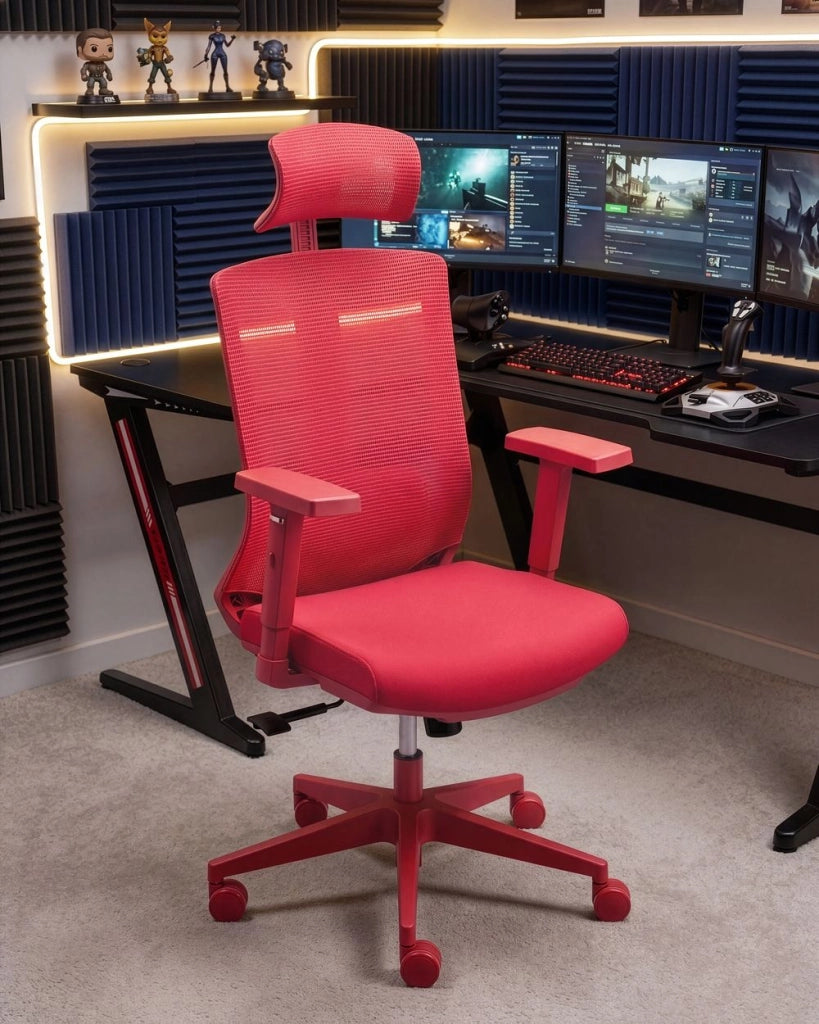 Sedia da ufficio in tessuto e rete rosso, schienale e braccioli regolabili, design moderno, per l'ufficio domestico
