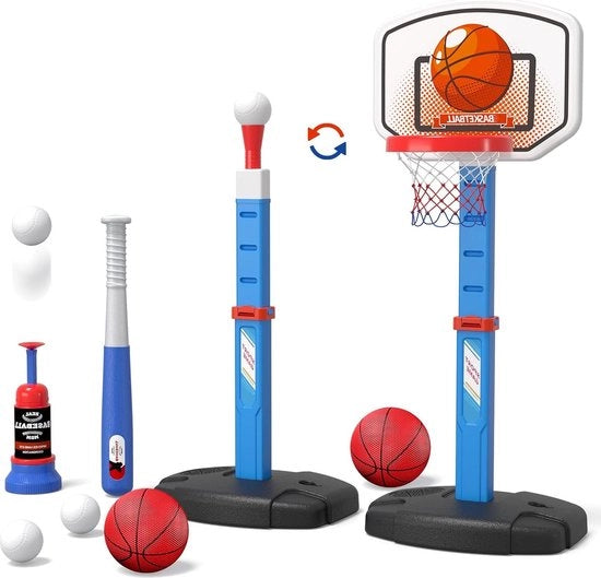 Scocchista da basket 2 in 1 per bambini e T-balset - Altezza regolabile - Outdoor indoor - Scocchista da basket con rimbalzatore - Ragazzi ragazze 3-12 anni blu