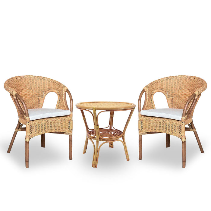 Salotto Mandolino in vimini miele con 2 poltrone, 1 tavolo e cuscini in omaggio