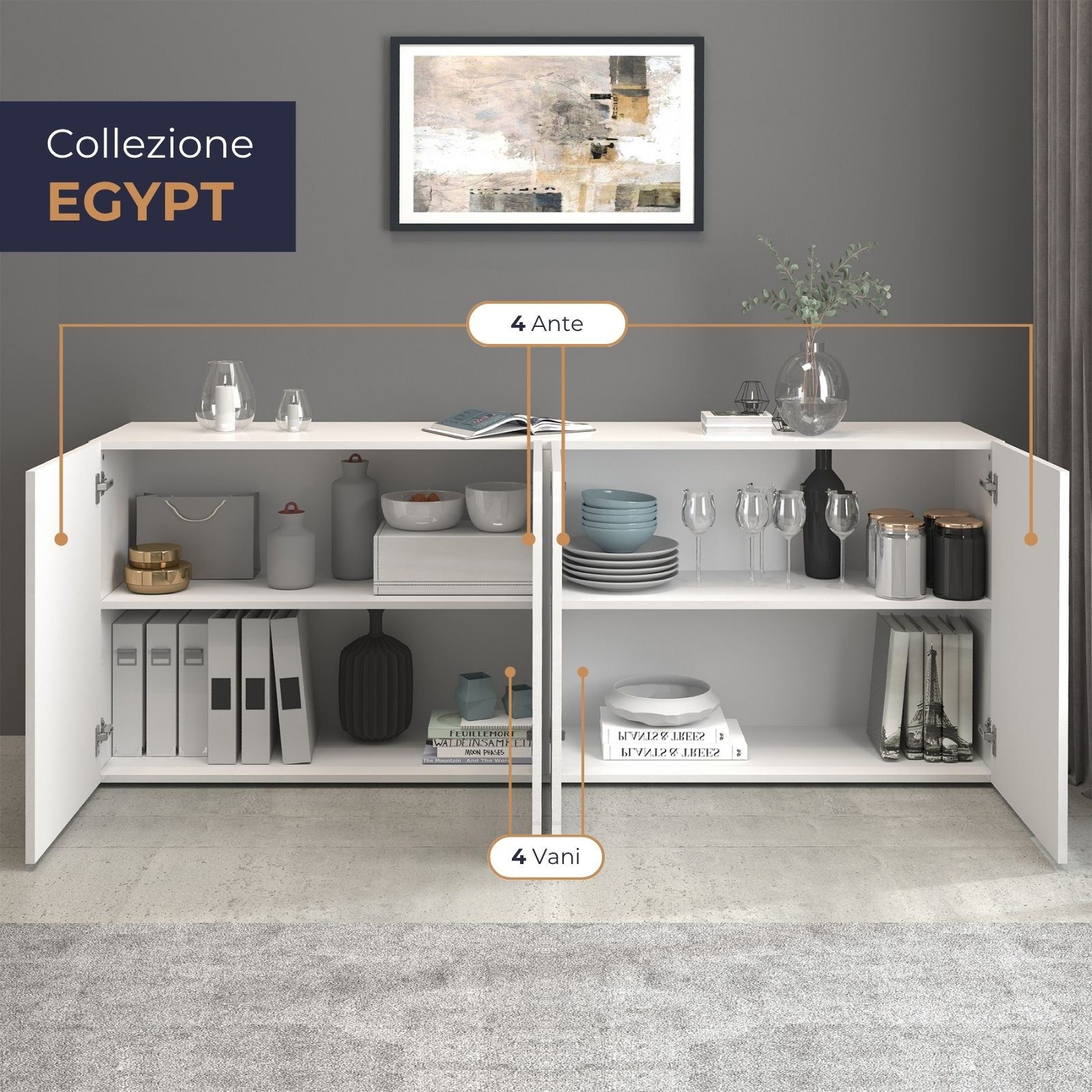 WHOUS Credenza Soggiorno Bianco Lucido, Made in Italy STILE: 4 ante senza vetro