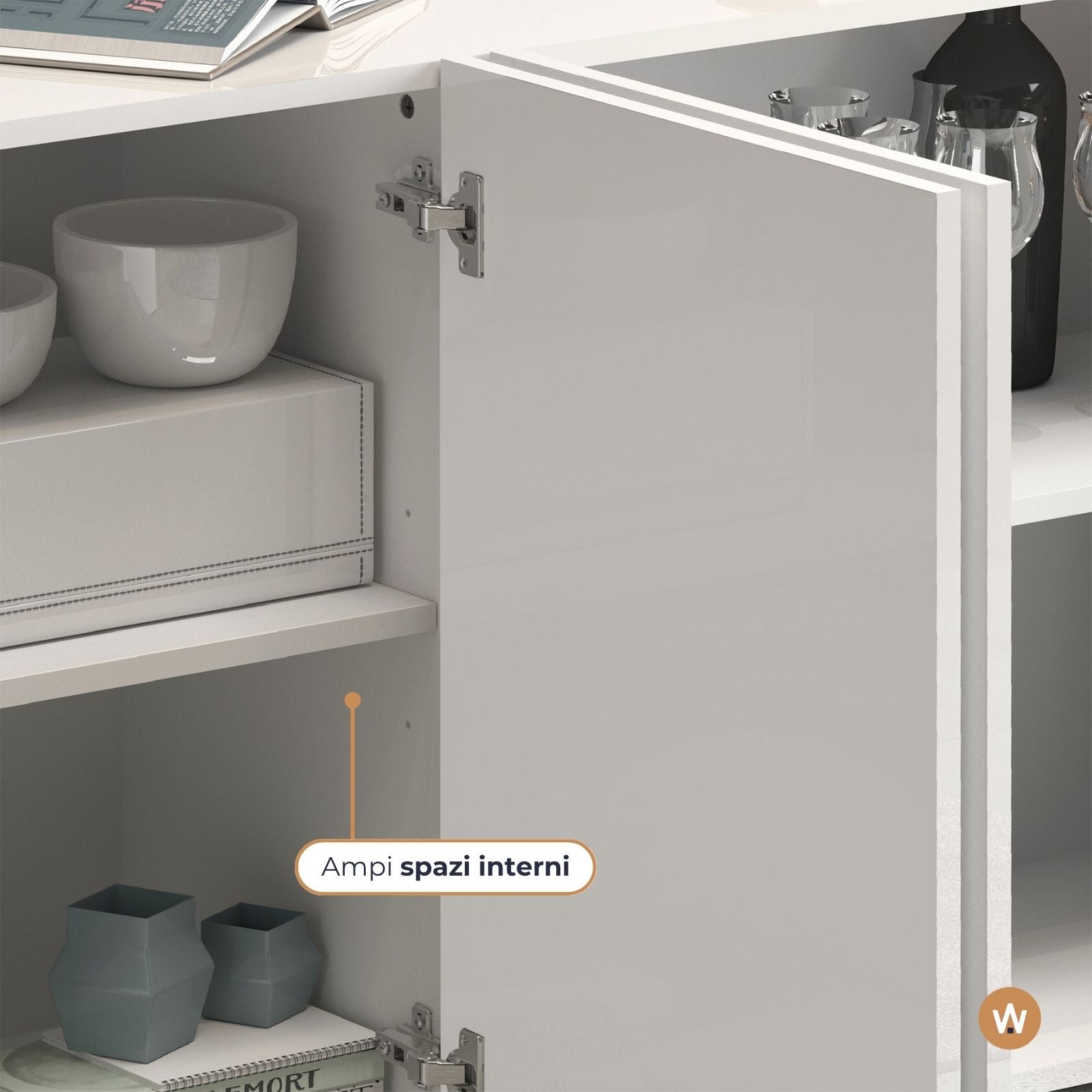 WHOUS Credenza Soggiorno Bianco Lucido, Made in Italy STILE: 4 ante senza vetro