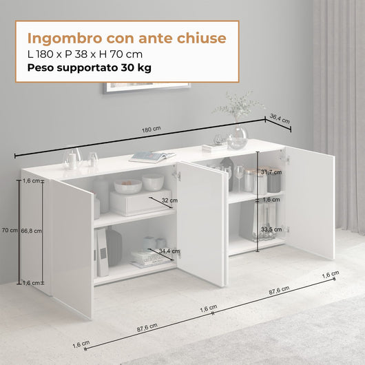 WHOUS Credenza Soggiorno Bianco Lucido, Made in Italy STILE: 4 ante senza vetro
