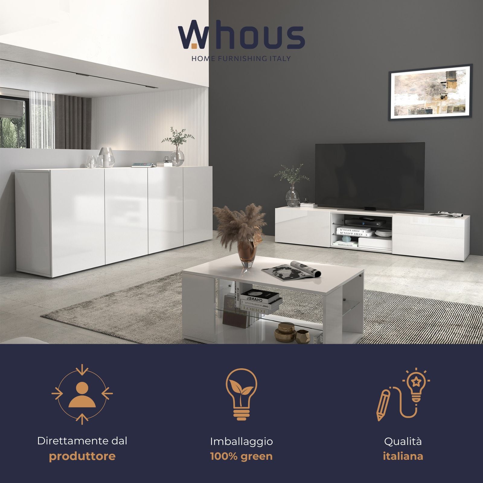 WHOUS Credenza Soggiorno Bianco Lucido, Made in Italy STILE: 4 ante senza vetro