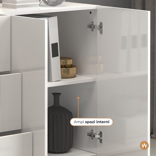 WHOUS Credenza Soggiorno Bianco Lucido, Made in Italy STILE: 4 ante e 3 cassetti