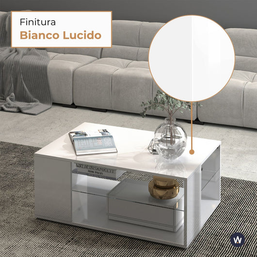 WHOUS Tavolino da CaffÃ¨ Bianco Lucido 90x60x40 cm con Ripiano in Vetro, Made in Italy