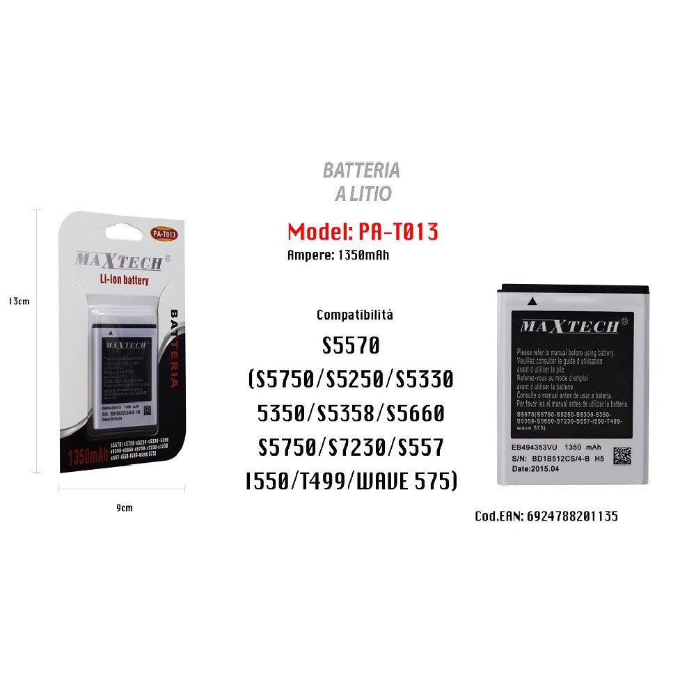 Trade Shop - Batteria A Litio Compatibile S5570 Cellulare Smartphone 1350mah Maxtech Pa-t013 -