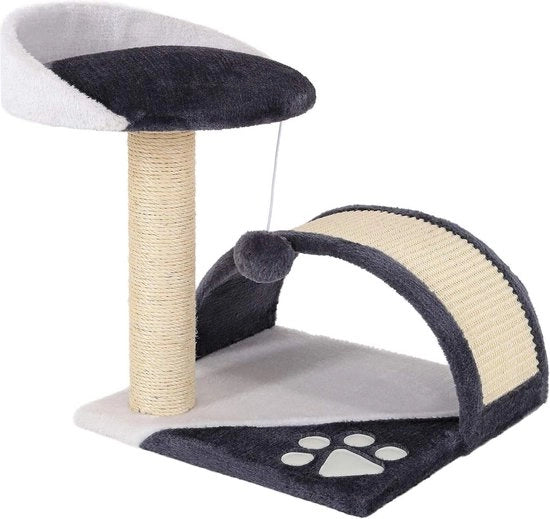Catappaal con pallone di pelo e becco di gatto - 43 cm alto - area di riposo confortevole - pelo morbido - stabile con cavo di acciaio - grigio/bianco - per gatti piccoli e grandi