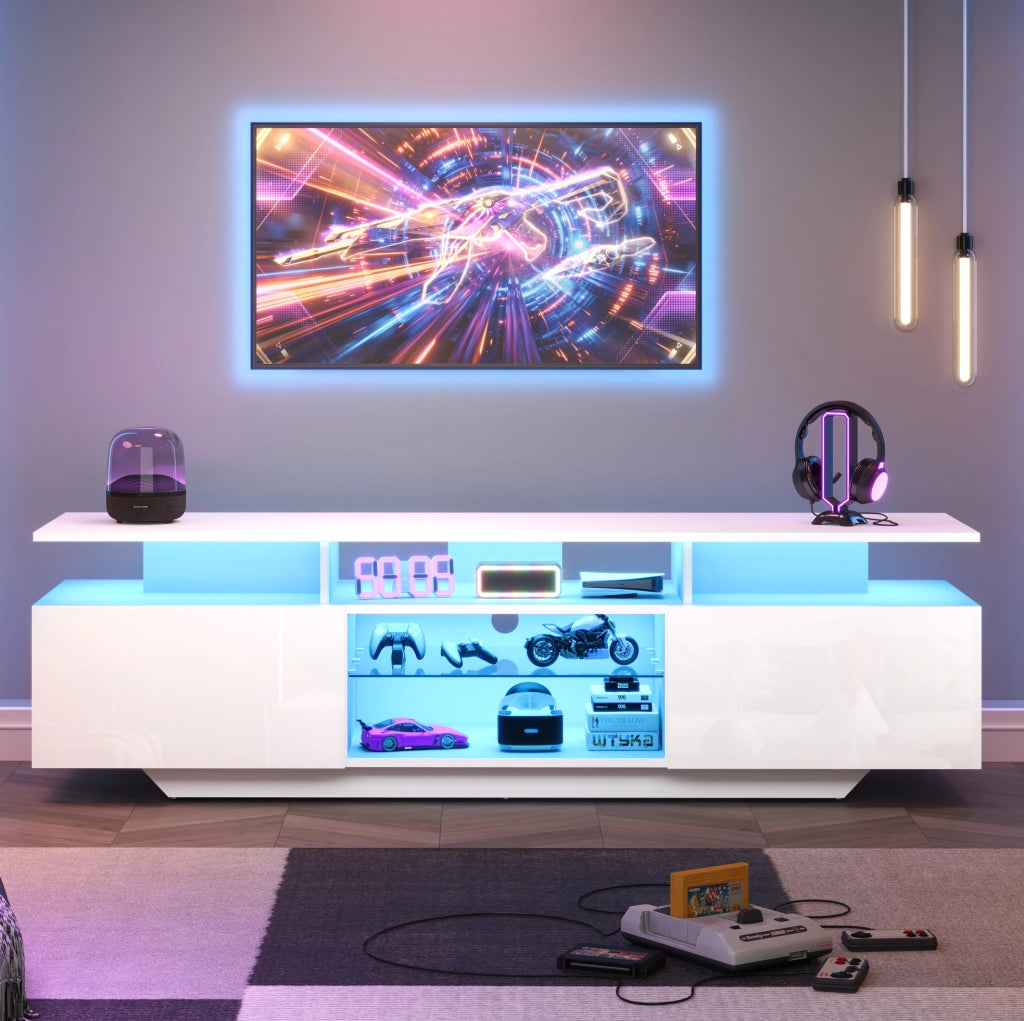 Mobile TV 160x40x45 cm con 2 armadietti; LED da app; vetro temperato; MDF; bianco