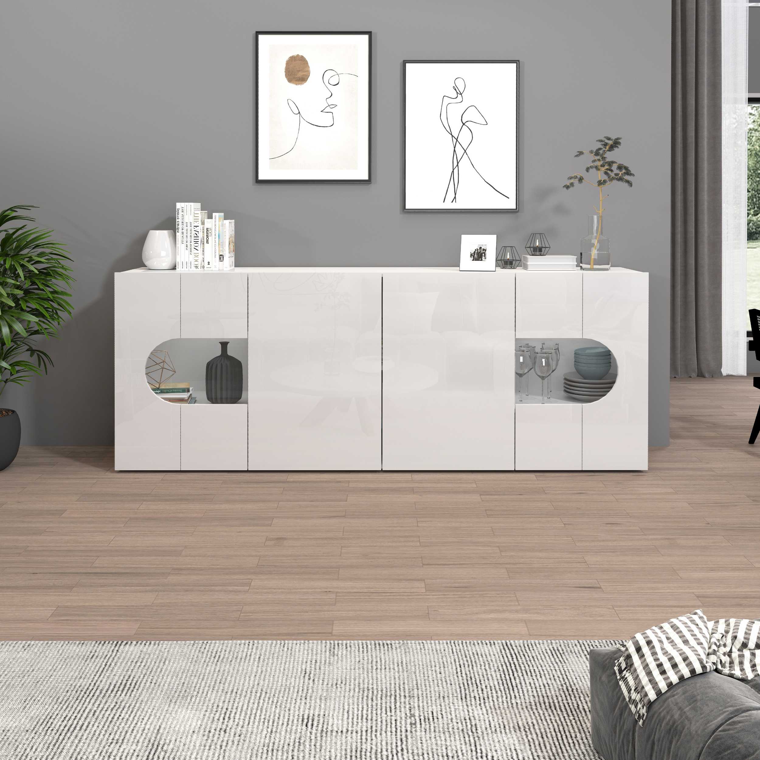 WHOUS Credenza Soggiorno Bianco Lucido, Made in Italy STILE: 4 ante