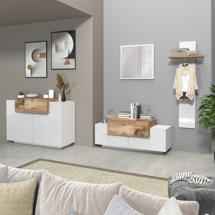 WHOUS Scarpiera Ingresso Bianca/Acero 120x45x85 cm con 2 ante, 1 ribalta e 9 scomparti, Made in Italy