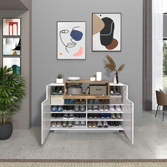 WHOUS Scarpiera Ingresso Bianca/Acero 120x45x85 cm con 2 ante, 1 ribalta e 9 scomparti, Made in Italy