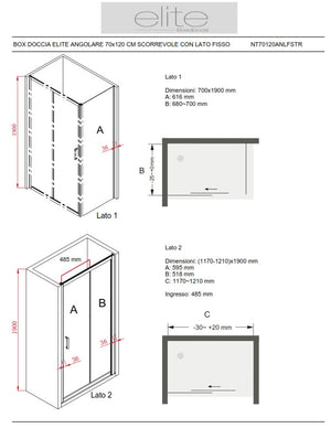 BOX DOCCIA ELITE ANGOLARE 70x120 CM SCORREVOLE CON LATO FISSO TRASPARENTE