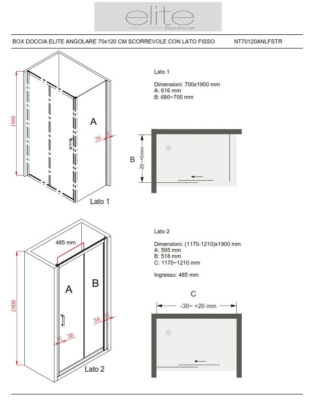 BOX DOCCIA ELITE ANGOLARE 70x120 CM SCORREVOLE CON LATO FISSO TRASPARENTE