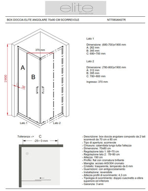 BOX DOCCIA ELITE ANGOLARE 70x80 CM SCORREVOLE OPACO
