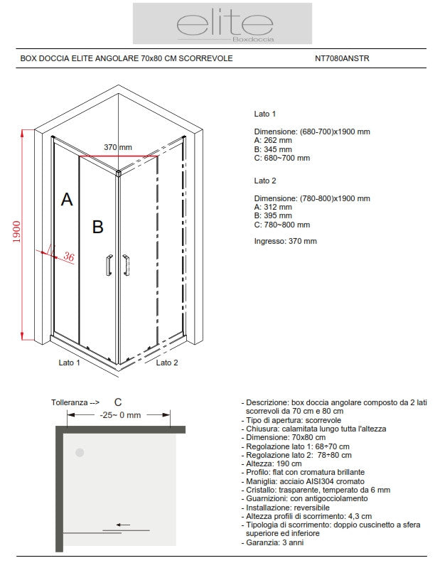BOX DOCCIA ELITE ANGOLARE 70x80 CM SCORREVOLE OPACO