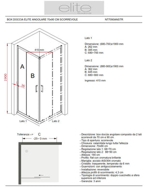 BOX DOCCIA ELITE ANGOLARE 70x90 CM SCORREVOLE TRASPARENTE