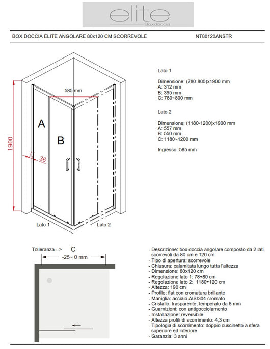 BOX DOCCIA ELITE ANGOLARE 80x120 CM SCORREVOLE OPACO