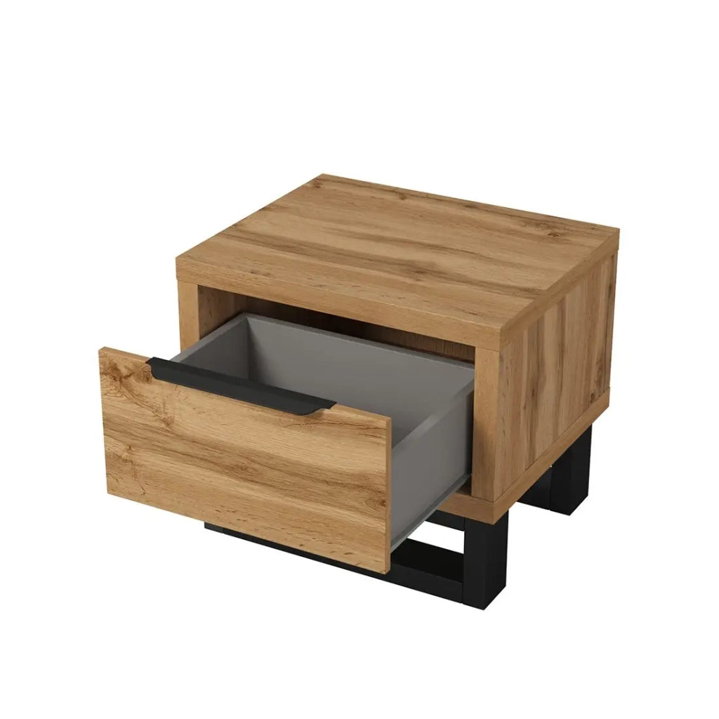 Camera completa stile industriale collezione MILOS: armadio 3 porte, letto 160x200, cassettiera, comodini, rovere grezzo e nero