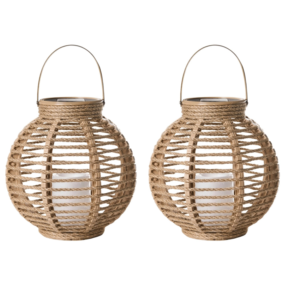 Set da giardino di 2 lanterne in canapa naturale con illuminazione a LED e pannello solare a basso consumo energetico in stile boho