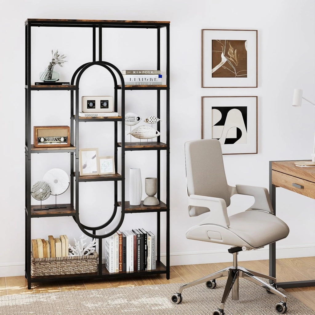 Libreria geometrica per carichi pesanti con telaio in metallo e protezione antiribaltamento, scaffale divisorio per libri, riviste e piante, 95 x 30 x 175 cm (marrone + nero)