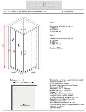 BOX DOCCIA ELITE ANGOLARE 80x80 CM SCORREVOLE TRASPARENTE