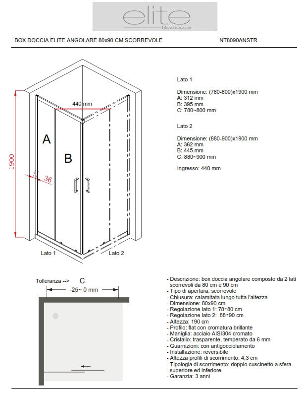 BOX DOCCIA ELITE ANGOLARE 80x90 CM SCORREVOLE TRASPARENTE