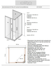 BOX DOCCIA ELITE TRE LATI 70x100x70 CM SCORREVOLE TRASPARENTE
