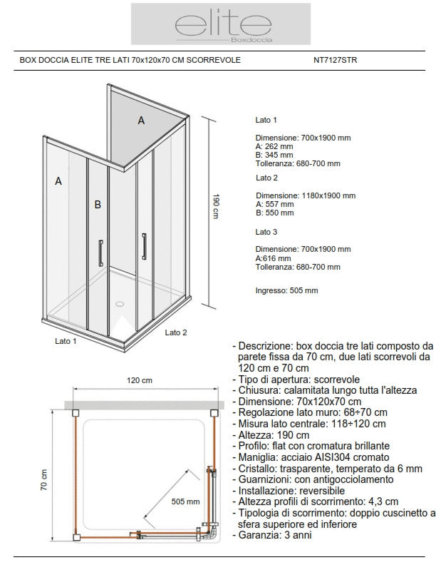 Box Doccia Elite Tre Lati 70x120x70 Cm Scorrevole Opaco