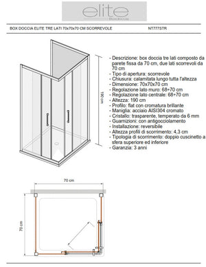 Box Doccia Elite Tre Lati 70x70x70 Cm Scorrevole Trasparente