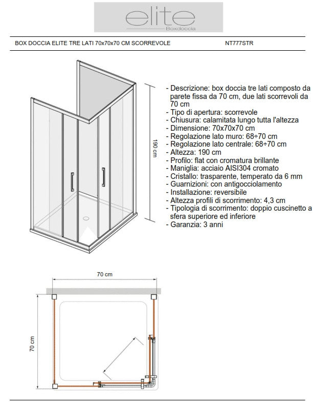 Box Doccia Elite Tre Lati 70x70x70 Cm Scorrevole Trasparente